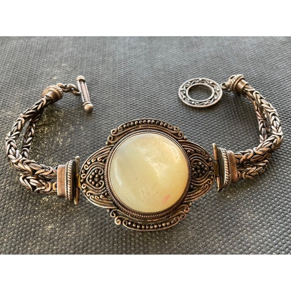Vintage Bali Sterling Silver 925 MOP cabachon byzantine chain bracelet 26 Grams - Picture 2 of 6